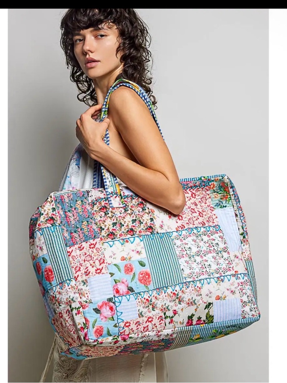 POL floral western boho quilted patchwork cotton embroidered zip large tote bag